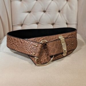 Brown Crocodile Embossed Belt with Gold Buckle Italian Vintage